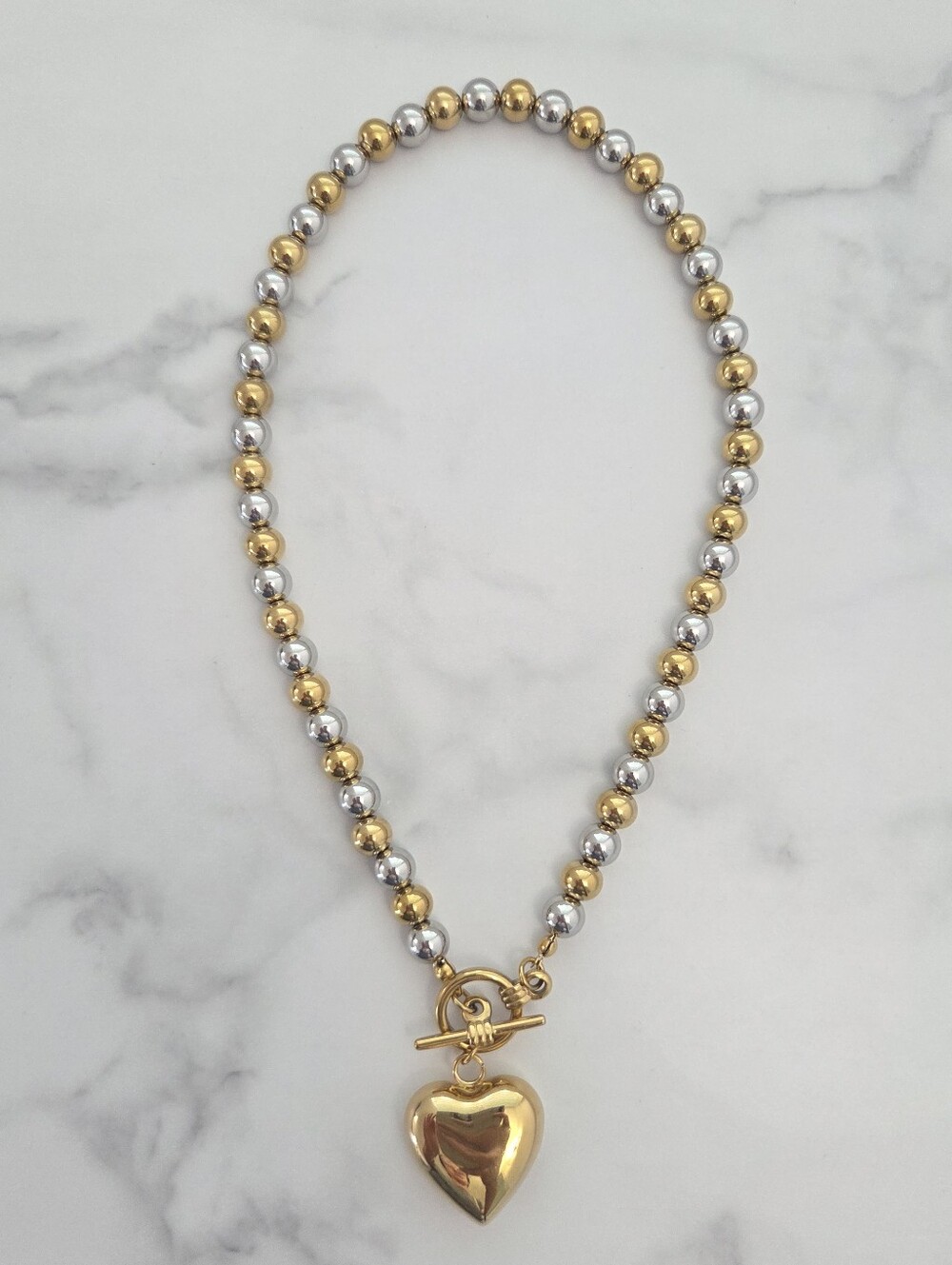 Two Tone Gold Silver Beaded Heart Pendant Toggle Necklace - Picture 3 of 14